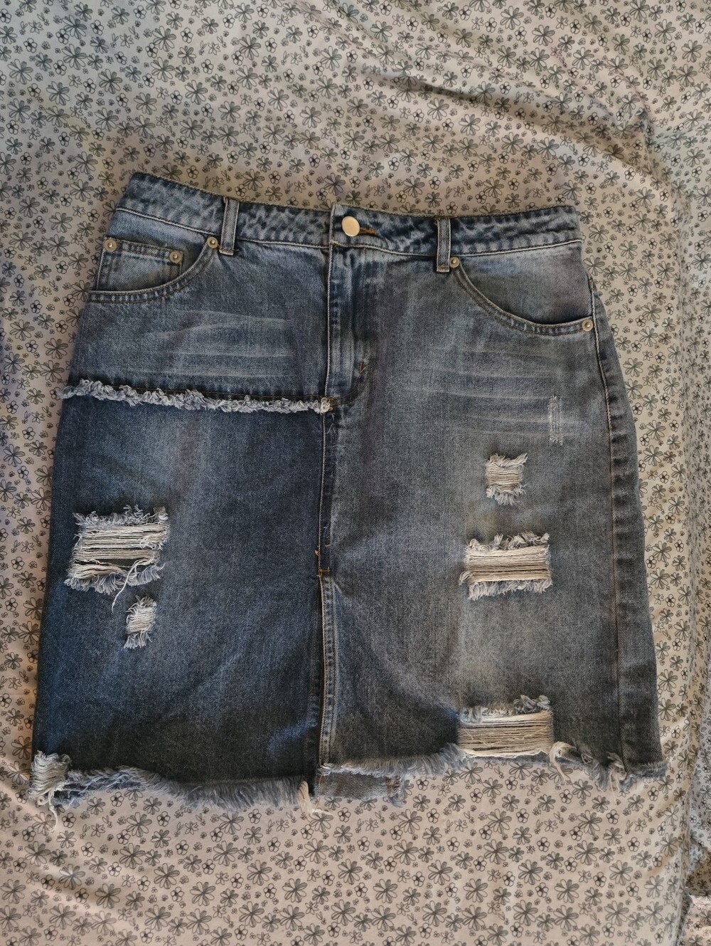 Mustard Seed Distressed Patchwork Denim Mini Skirt